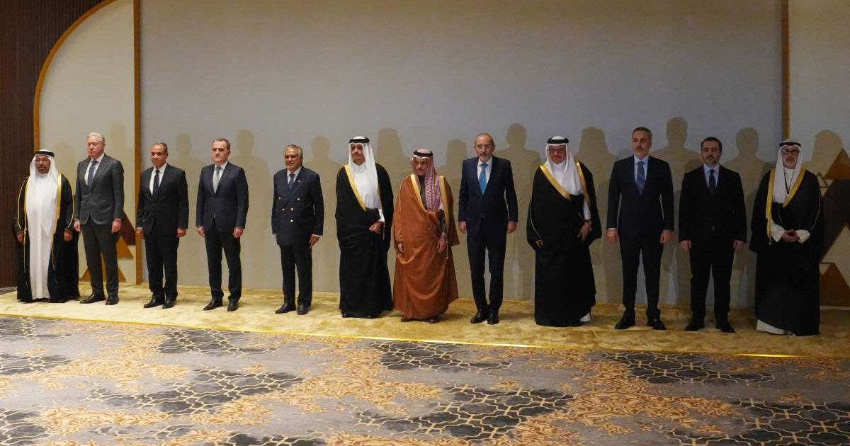 Saudi Arabia's Foreign Minister Prince Faisal bin Farhan Al-Saud poses with foreign ministers before a consultative meeting of foreign ministers from a group of Arab and Islamic countries in the Saudi capital, Riyadh, Thursday, March 19, 2026 (AP Photo)