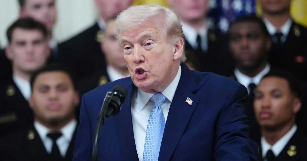 President Donald Trump speaks during the Commander-in-Chief's trophy presentation with the Navy Midshipmen football team in the East Room of the White House, Friday, March 20, 2026, in Washington (AP Photo/Julia Demaree Nikhinson)