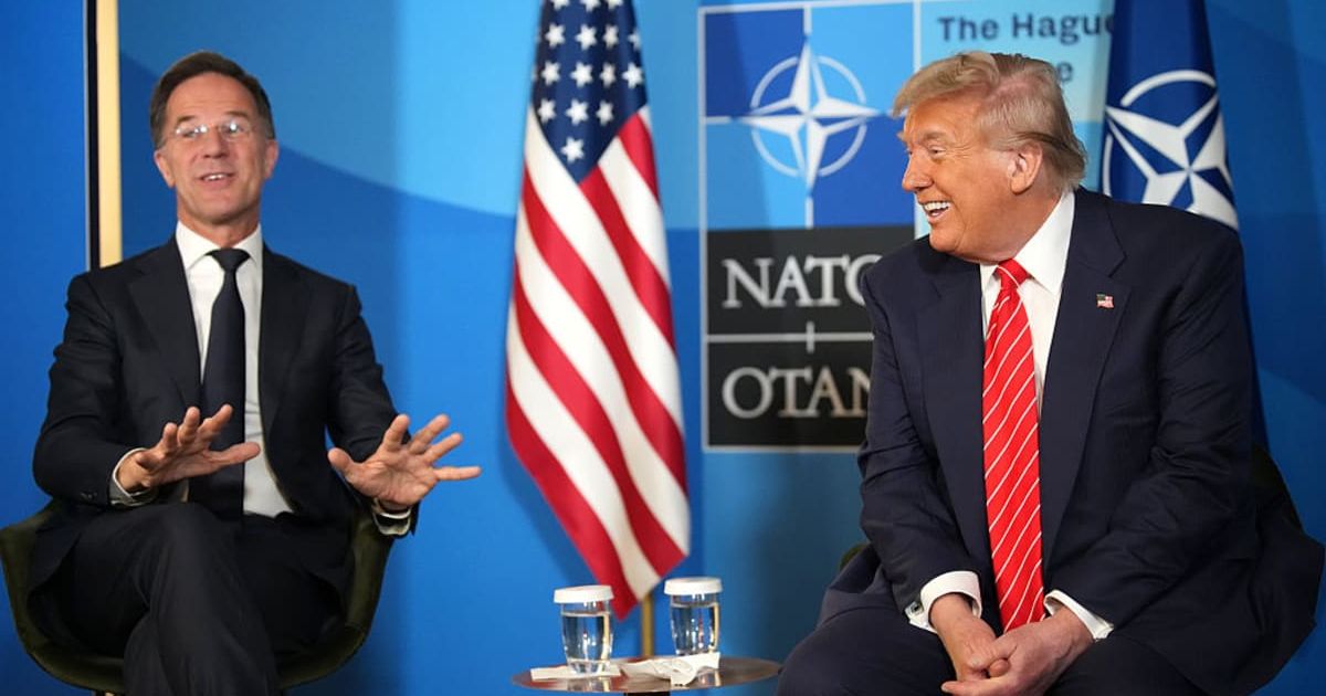 President Donald Trump and NATO Secretary General Mark Rutte speak to media at the start of the second day of the 2025 NATO Summit on June 25, 2025 in The Hague, Netherlands (Andrew Harnik/Getty Images)