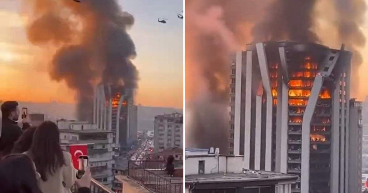 A viral video claims a hotel housing Americans and Israelis was set fire after an attack from Iran (@Lassegaf_1/X)