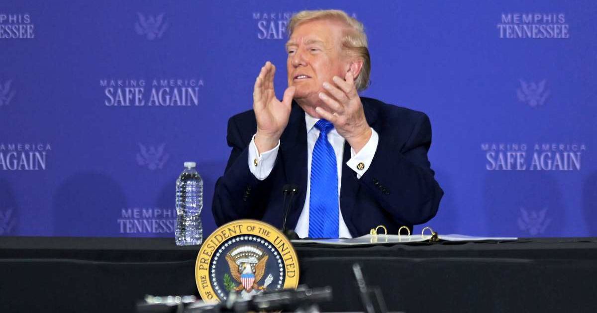 Donald Trump participates in a public safety roundtable at a Tennessee Air National Guard base on March 23, 2026, in Memphis, Tennessee (AP Photo/Bruce Newman)