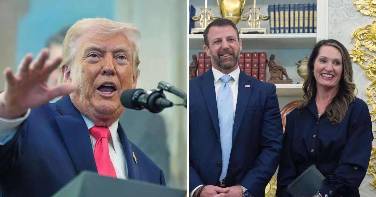 Trump said Markwayne Mullin’s wife, Christie Mullin, looked less than half her age during his swearing-in ceremony (AP Photo)