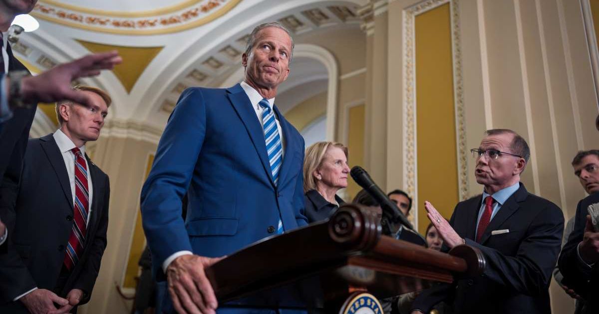 Senate Majority Leader John Thune speaks to reporters asking about a proposal to end the Homeland Security budget stalemate, at the Capitol in Washington, Tuesday, March 24, 2026 (AP Photo/J. Scott Applewhite)