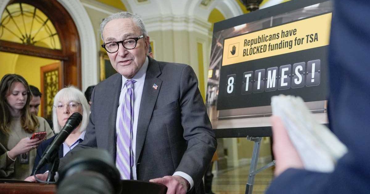 Senate Minority Leader Chuck Schumer, D-NY, speaks during a news conference following a policy luncheon on Capitol Hill in Washington on Tuesday, March 24, 2026 (AP Photo/Mariam Zuhaib)