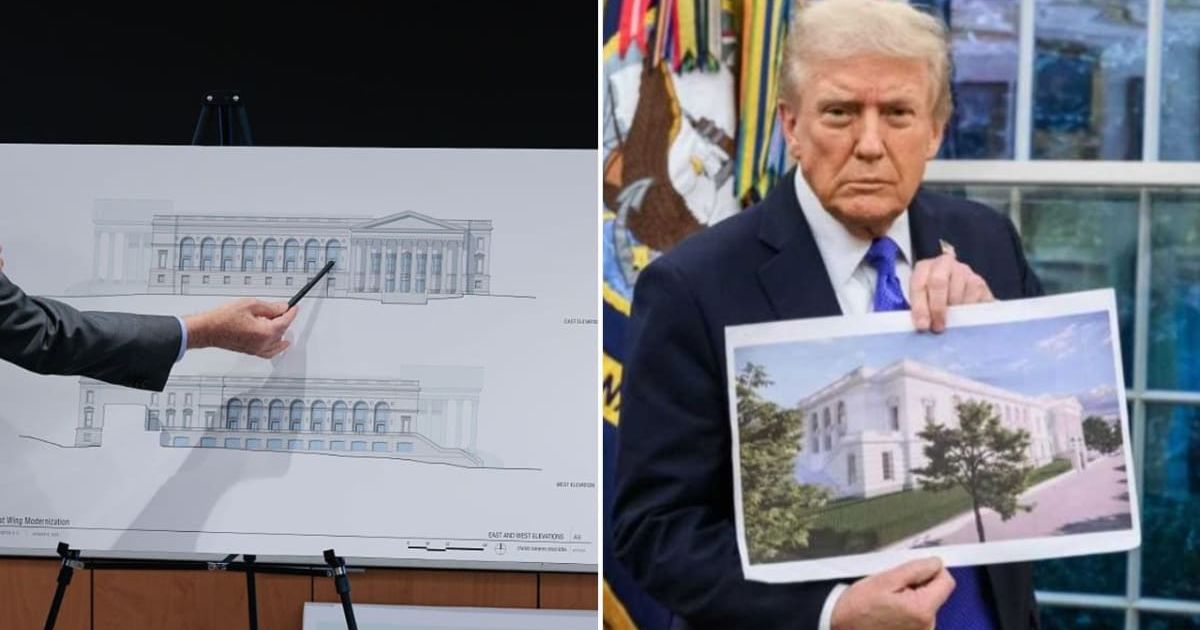 Architect Shalom Baranes displayed plans for Trump’s new $400 million White House ballroom (Chip Somodevilla/Getty Images, @WhiteHouse/X)