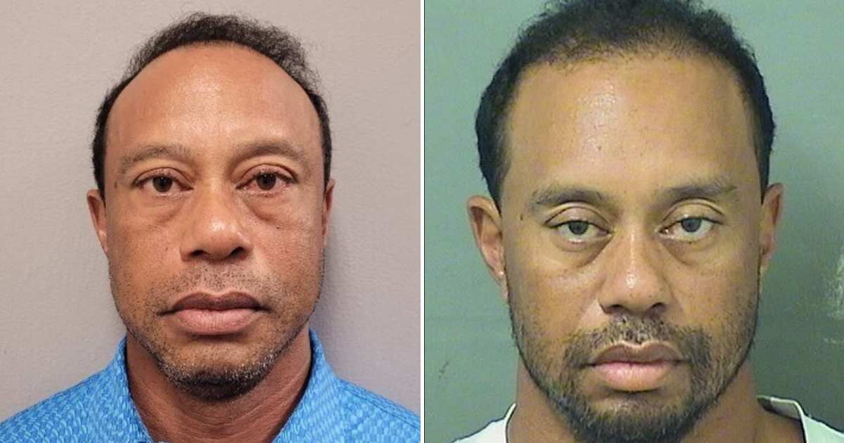 Tiger Woods seen in his 2026 mugshot and 2017 mugshot (Martin County Sheriff's Office via AP, Palm Beach County Sheriff's Office)