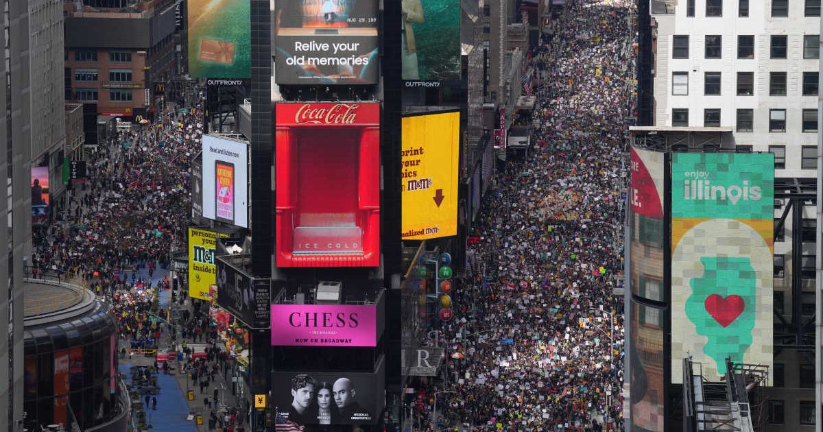 People attend a 'No Kings' protest on Saturday, March 28, 2026, in New York (AP Photo/Adam Gray)