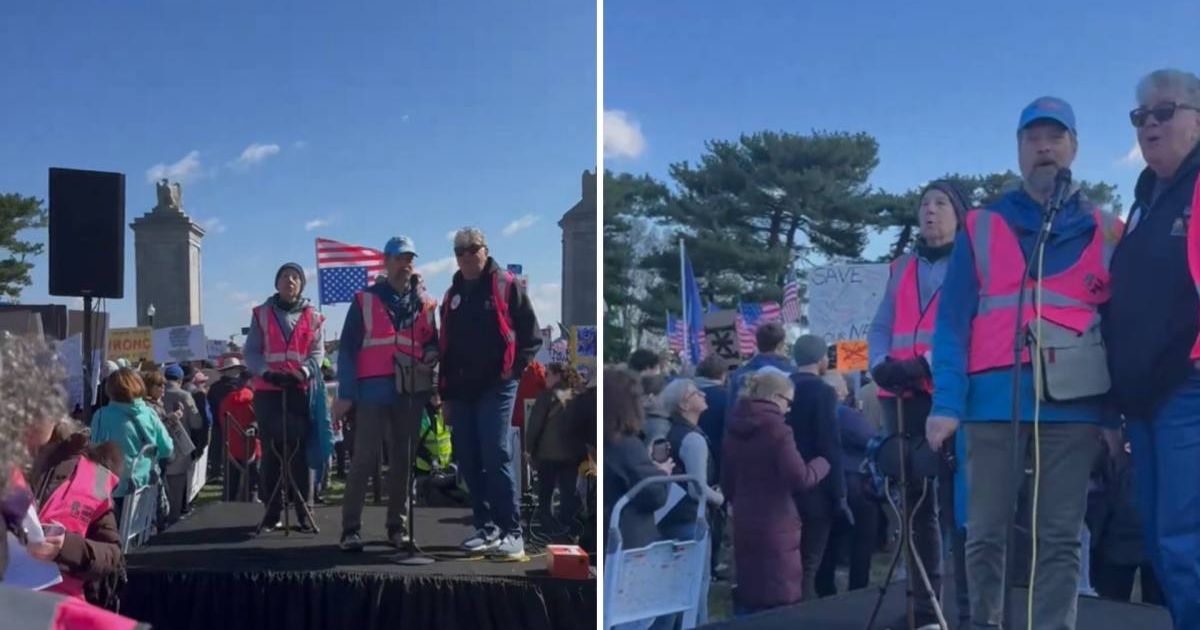 Protesters in Washington, DC added immigration-focused lyrics to 'America the Beautiful' during demonstrations against Donald Trump’s policies nationwide (Screengrab/X/@breccastoll)