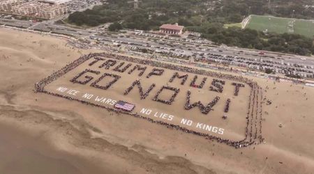 Protesters form massive human sign on Ocean Beach reading 'Trump must go now’ for No Kings Day