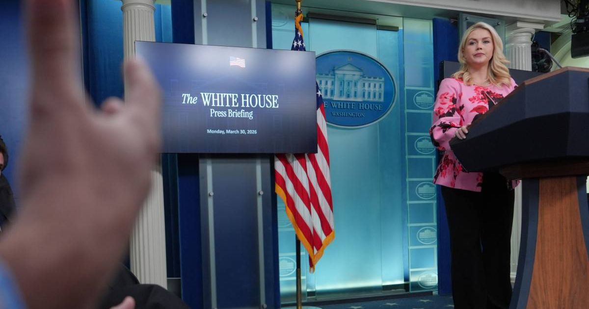 White House press secretary Karoline Leavitt speaks with reporters in the James Brady Press Briefing Room at the White House on Monday, March 30, 2026, in Washington (AP Photo/Julia Demaree Nikhinson)