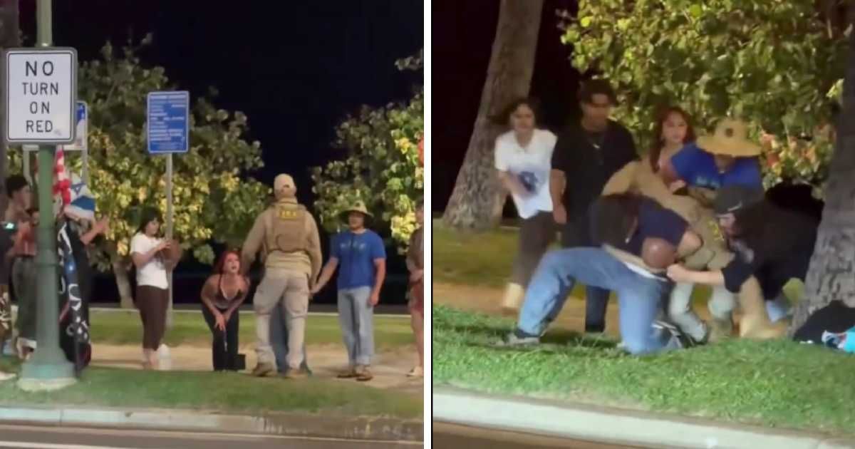 A man in ICE uniform was beaten unconscious by protesters during the 'No Kings' rally in Honolulu (Screengrab/@officer_Lew/X)