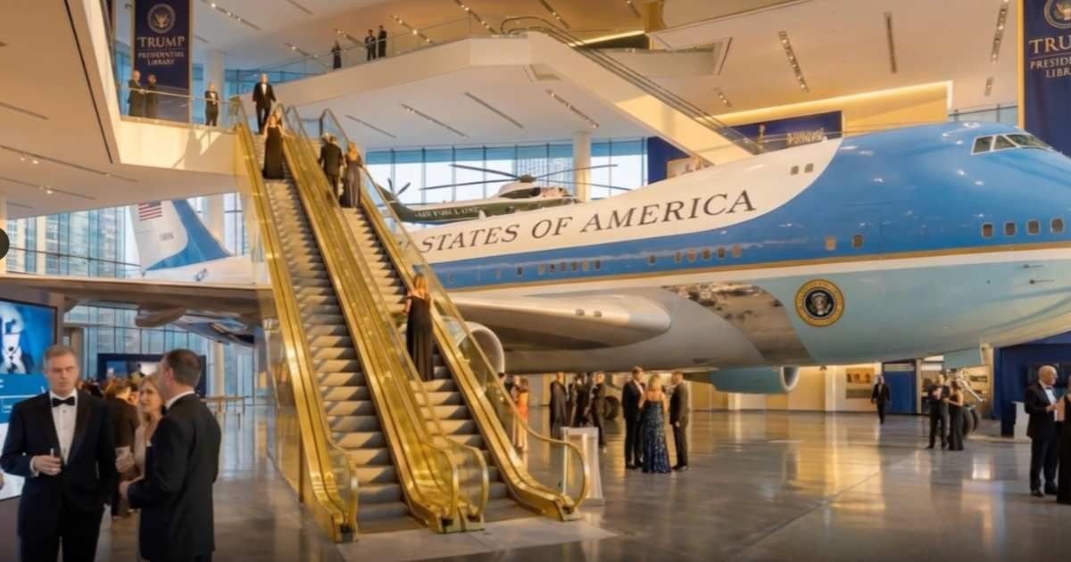 Air Force One replica dominates the lobby of Trump’s presidential library, flanked by golden escalators (@EricTrump/X)