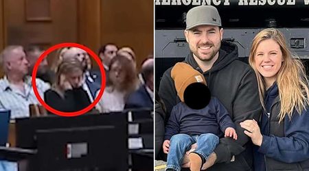 Widow of slain NYPD officer Jonathan Diller covers her ears as court replays his final moments