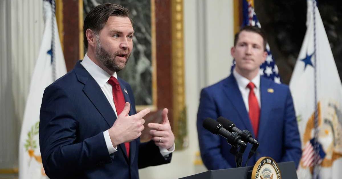 VP JD Vance speaks after swearing in Colin McDonald as assistant attorney general for the National Fraud Enforcement Division in the Indian Treaty Room of the Eisenhower Executive Office Building at the White House complex in Washington, Wednesday, April 