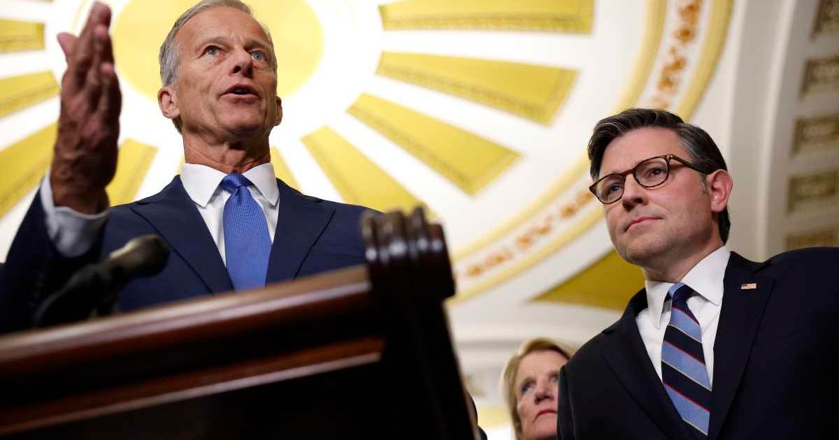 Senate Majority Leader John Thune and House Speaker Mike Johnson laid out a dual-track approach to ease immediate DHS disruptions (Getty Images)