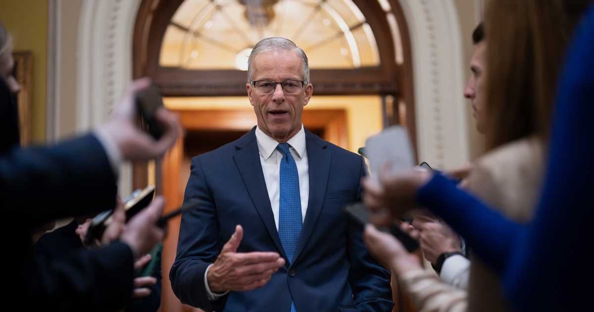 Senate Majority Leader John Thune, R-SD, speaks to reporters outside the chamber after passing a measure by unanimous consent that would fund most of DHS, if the House agrees, at the Capitol in Washington, Thursday, April 2, (Getty Images)