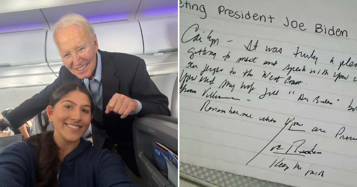 Former President Joe Biden shared a sweet moment with a young girl mid-flight, chatting warmly and leaving her with a memorable interaction (Cailyn/ X, Screengrab/ @lattesbeforelife/ TikTok)