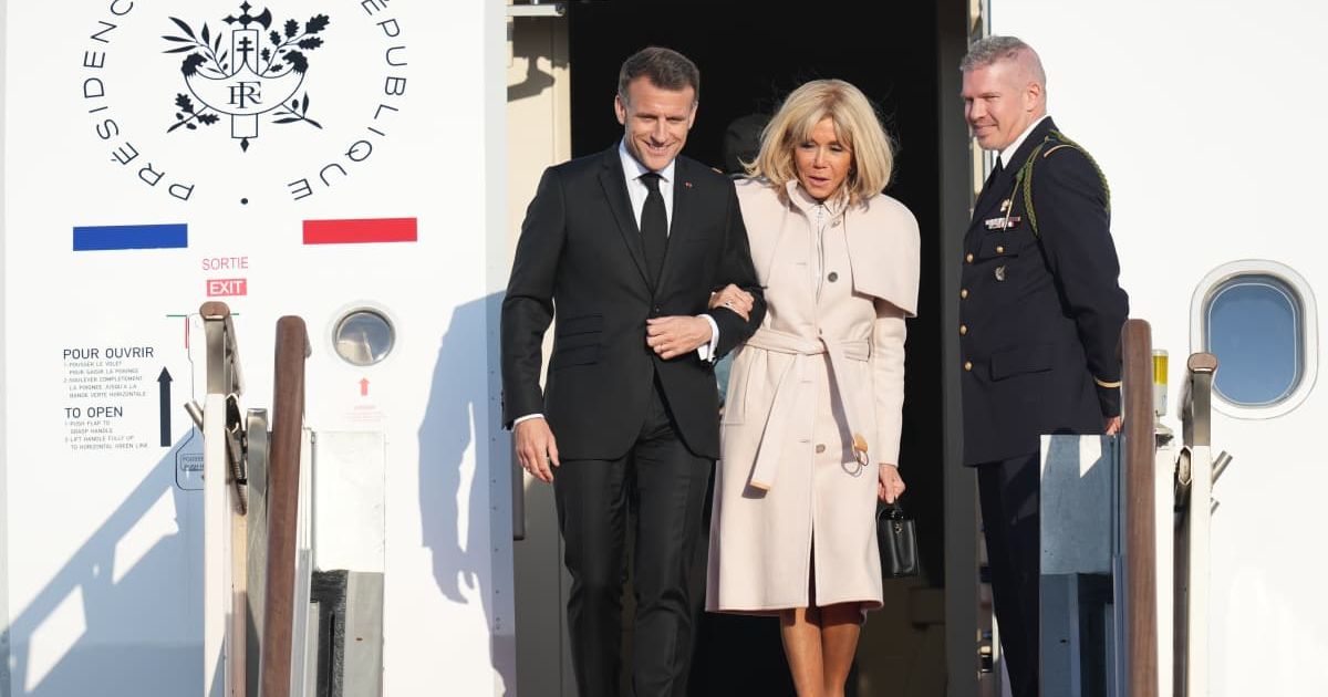 French President Emmanuel Macron and his wife Brigitte Macron arrive at the Seoul airport in Seongnam, South Korea, Thursday, April 2, 2026 (AP Photo/Lee Jin-man)