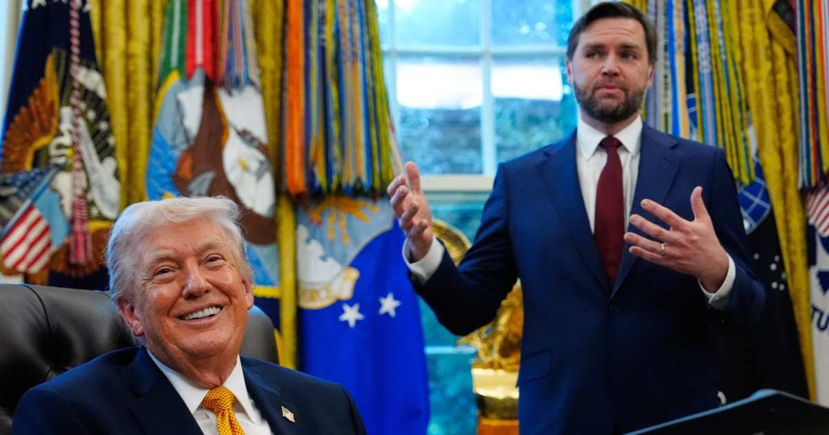 President Donald Trump smiled as Vice President JD Vance spoke in the Oval Office at the White House in Washington (AP Photo/Julia Demaree Nikhinson)