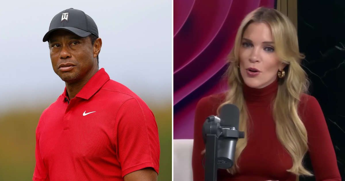 Megyn Kelly reacted to footage showing Tiger Woods telling Florida cops he was on the phone with Trump (Mike Ehrmann/Getty Images, Screengrab/Megyn Kelly/YouTube)