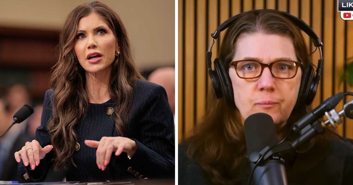 Mary Trump said Kristi Noem did not deserve the rights she denied to millions, after the ousted DHS secretary urged privacy following the revelation of her husband's secret life (Chip Somodevilla/Getty Images, Screengrab/X @marcofoster_)