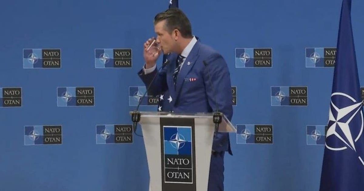 A viral video is shared with the claim that Pete Hegseth was drinking alcohol during a NATO press conference (@AssocitedPress/YouTube)