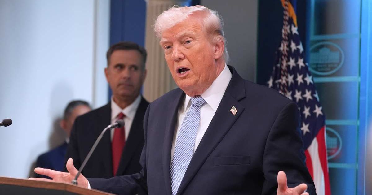 President Donald Trump speaks with reporters in the James Brady Press Briefing Room at the White House, Monday, April 6, 2026, in Washington (AP Photo/Mark Schiefelbein) 