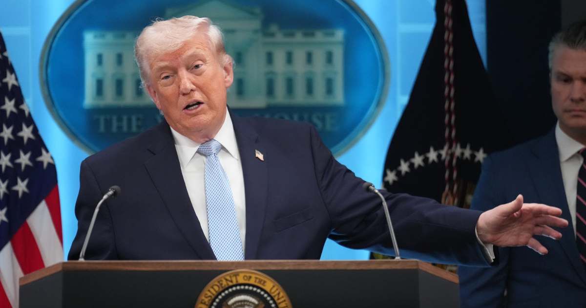 President Donald Trump speaks with reporters in the James Brady Press Briefing Room at the White House, Monday, April 6, 2026, in Washington (AP Photo/Mark Schiefelbein)