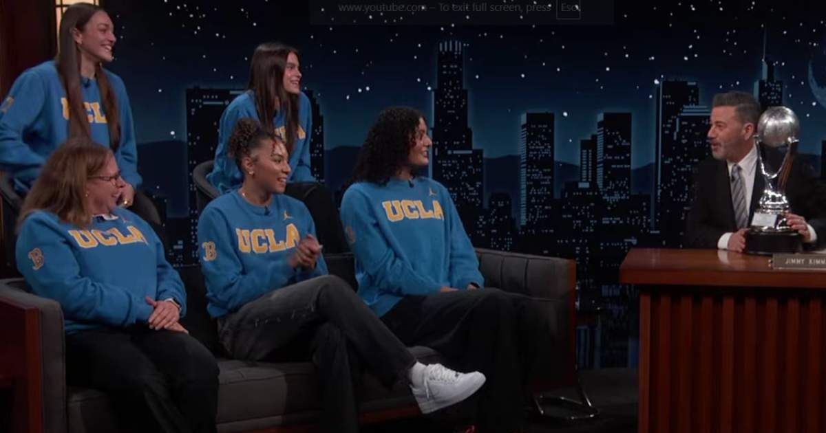 During the appearance on 'Jimmy Kimmel Live', Jimmy Kimmel spoke with players Lauren Betts, Kiki Rice, Gabriela Jaquez, Angela Dugalic, and head coach Cori Close (@JimmyKimmelLive/X)