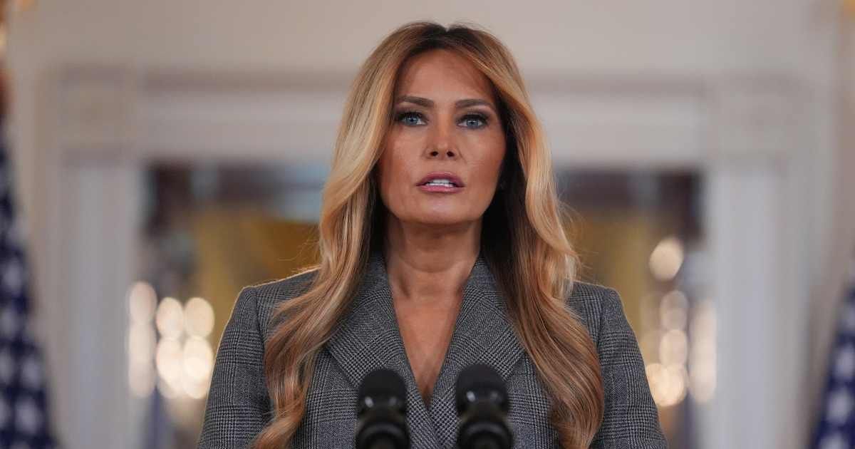First Lady Melania Trump speaks to reporters on Thursday, April 9, 2026, in the Grand Foyer of the White House in Washington (AP Photo/Jacquelyn Martin)