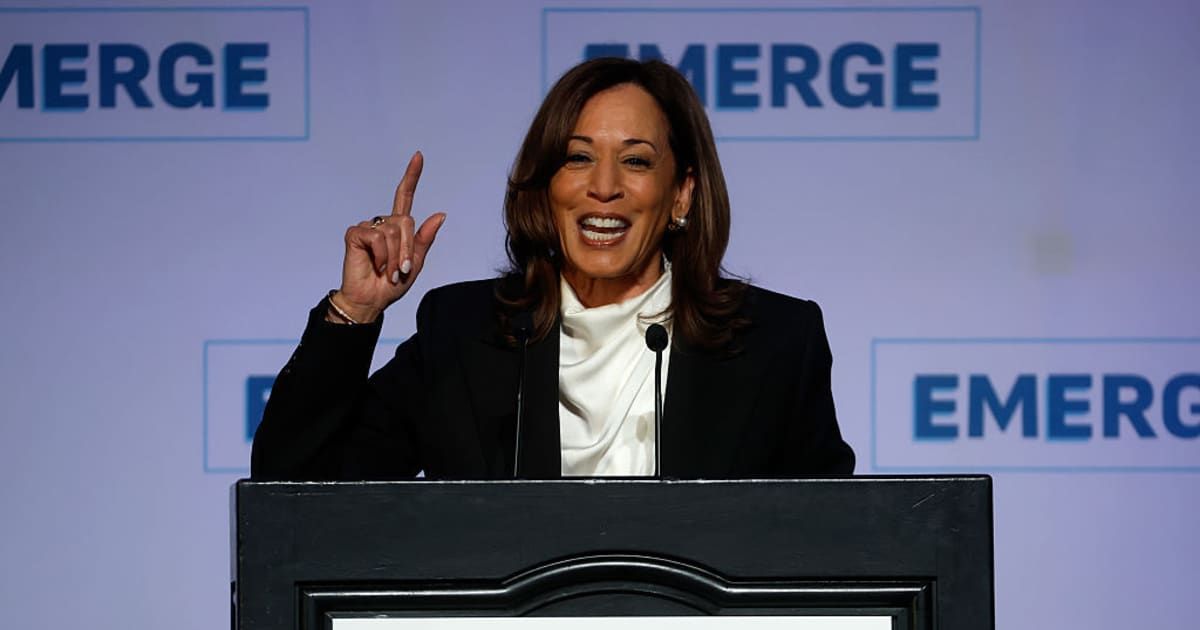 Kamala Harris delivers a keynote address at the Emerge 20th Anniversary Gala at the Palace Hotel in San Francisco on April 30, 2025, her first public speech since leaving office in January (Justin Sullivan/Getty Images)