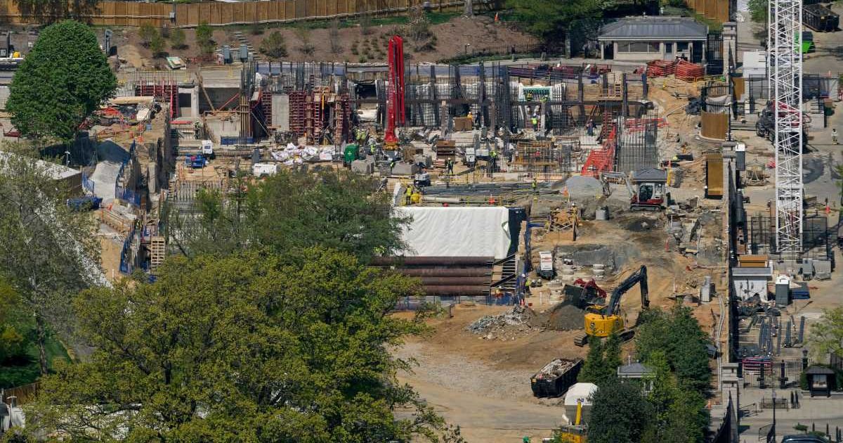 Work continues on the construction of the ballroom at the White House, Thursday, April 9, 2026, in Washington, where the East Wing once stood (AP Photo/Rod Lamkey, Jr.)