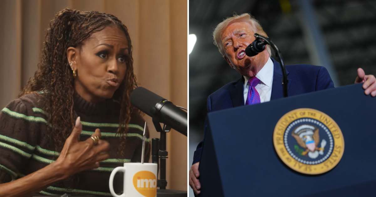 Former First Lady Michelle Obama criticized the Trump administration during a Wednesday, April 8, 'IMO Podcast' appearance, saying the country was in a 'janky' phase (Screengrab/ Michelle Obama/ YouTube, AP Photo/Julia Demaree Nikhinson)