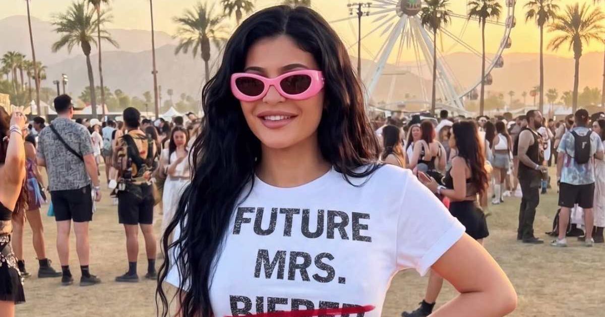 Viral images claimed that Kylie Jenner wore a 'Future Mrs Bieber' T-shirt altered to reference Timothee Chalamet at Coachella 2026 (@lalisatto/X)
