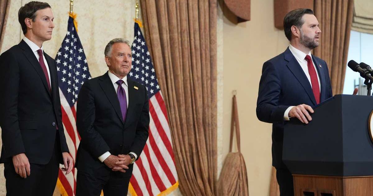 JD Vance speaks during a news conference after meeting with representatives from Pakistan and Iran in Islamabad, Pakistan, on Sunday, April 12, 2026, as Jared Kushner and Special Envoy Steve Witkoff listen (AP Photo/Jacquelyn Martin, Pool)