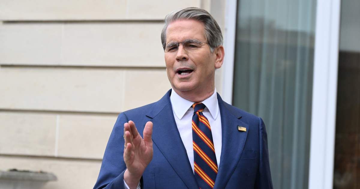 Scott Bessent addresses journalists during a news conference at the OECD Headquarters in Paris (AP Photo/Emma Da Silva)