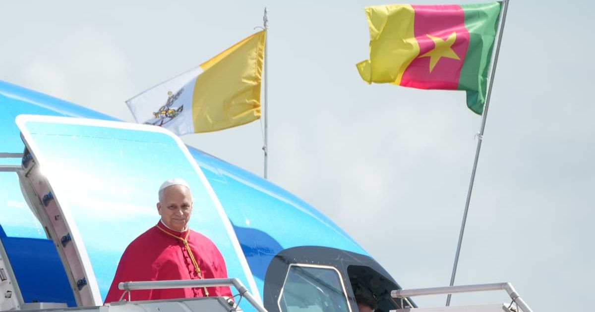 Pope Leo XIV arrives at Yaounde-Nsimalen International Airport, Cameroon, Wednesday, April 15, 2026, on the third day of an 11-day apostolic journey to Africa (AP Photo/Andrew Medichini)