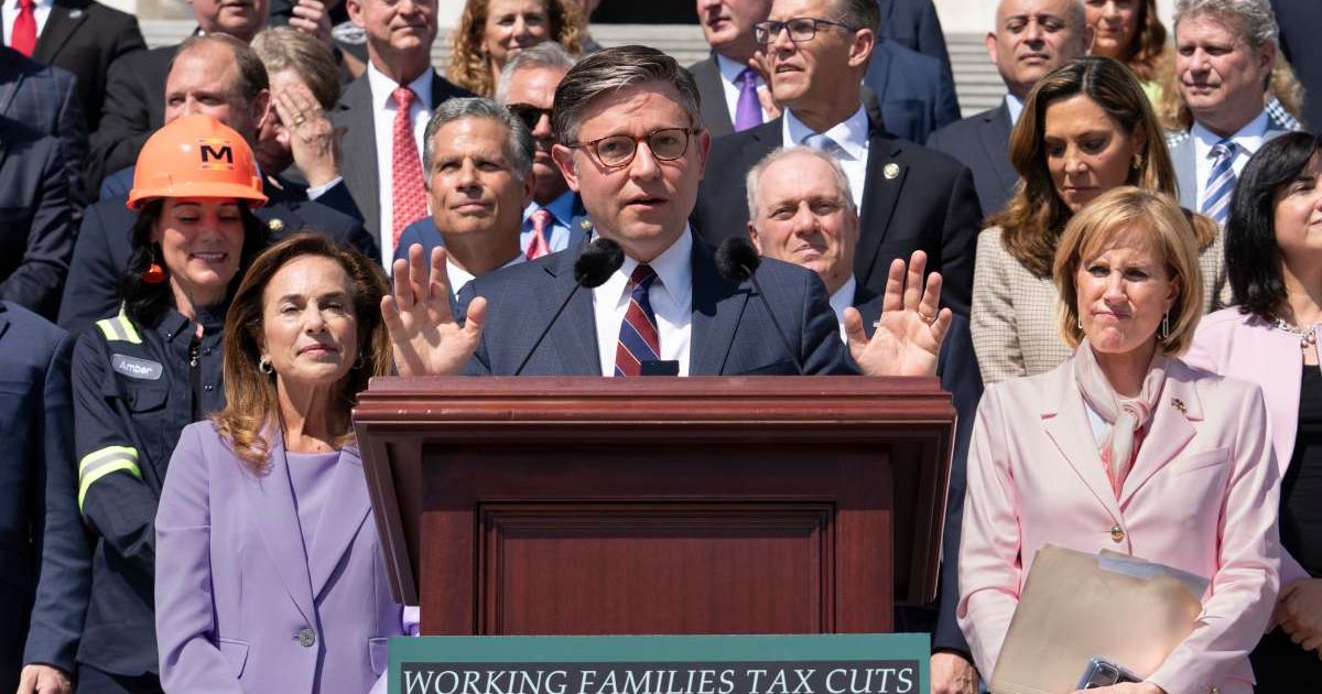 House Speaker Mike Johnson, R-La, joins fellow Republicans to celebrate GOP tax policies outside the Capitol in Washington, April 15, 2026 (AP Photo/J. Scott Applewhite)