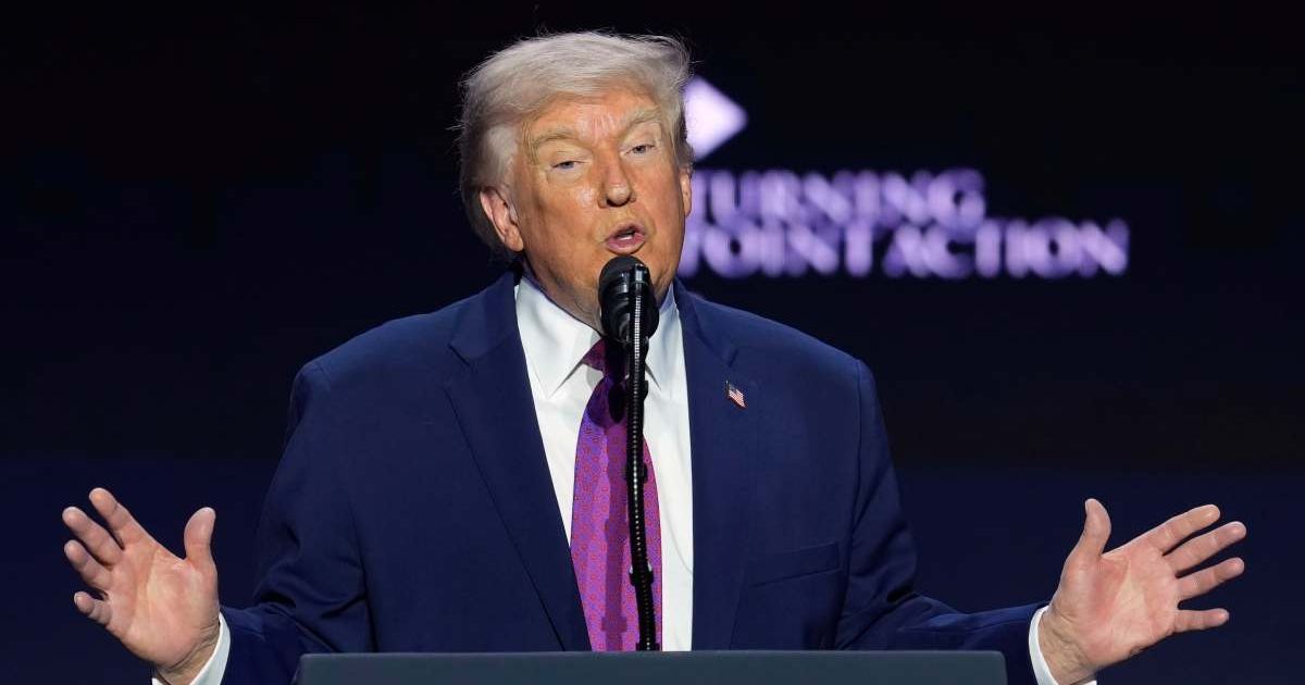 President Donald Trump speaks at a Turning Point USA event at Dream City Church on Friday, April 17, 2026, in Phoenix (AP Photo/Ross D. Franklin)