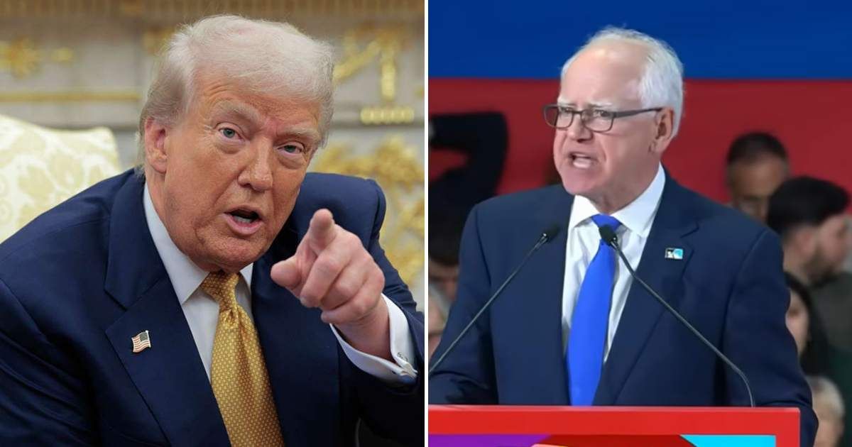Minnesota Gov Tim Walz criticized President Donald Trump as 'feeble-minded' over the Iran conflict and took aim at Vice President JD Vance during a speech in Barcelona (Getty Images, Screengrab/ Fox 9/ YouTube)