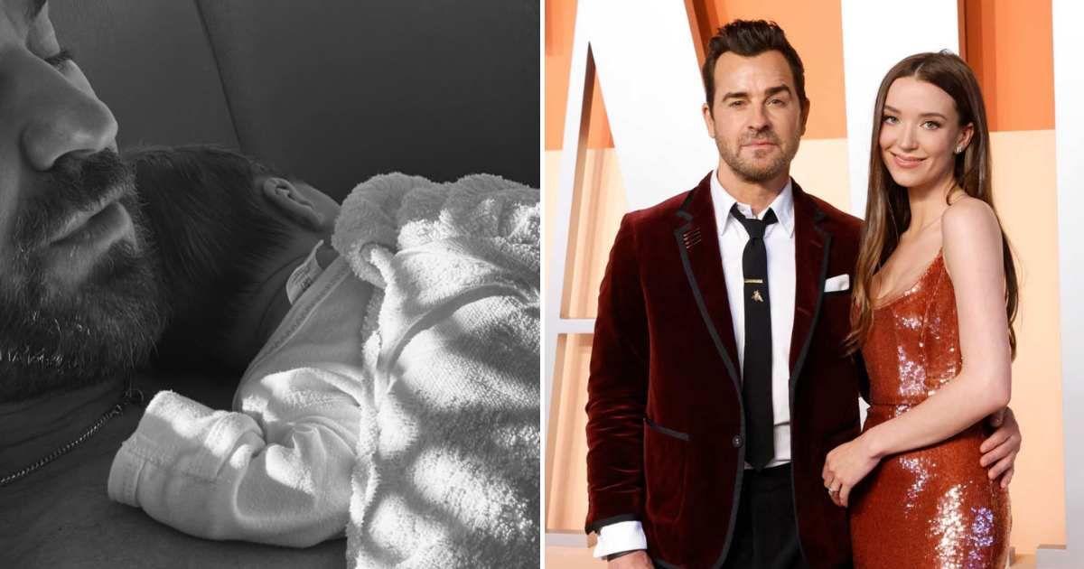 Justin Theroux holds newborn son in first photo shared by Nicole Brydon Bloom after birth announcement (@justinthroux/Instagram, Getty Images)