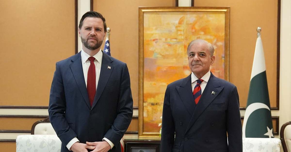 Vice President JD Vance, left, meets with Pakistan's Prime Minister Shehbaz Sharif in Islamabad, Pakistan, for talks about Iran on Saturday, April 11, 2026 (AP Photo/Jacquelyn Martin, Pool)