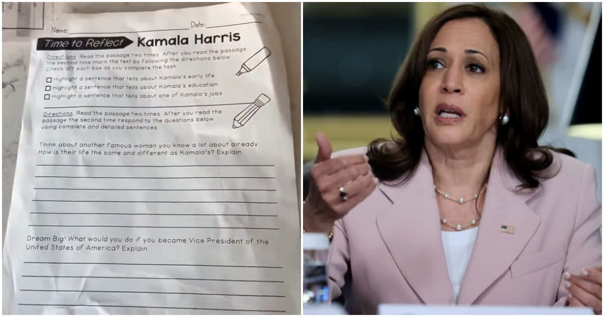 A father shared a video calling Kamala Harris school assignment 'nonsense,' warning parents about bias in public schools (Facebook/Donald Trump For President, Getty Images)