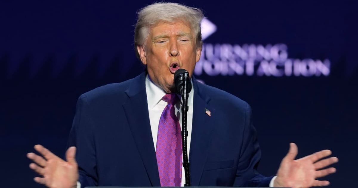 President Donald Trump speaks at a Turning Point USA event at Dream City Church, Friday, April 17, 2026, in Phoenix (AP Photo/Ross D Franklin)