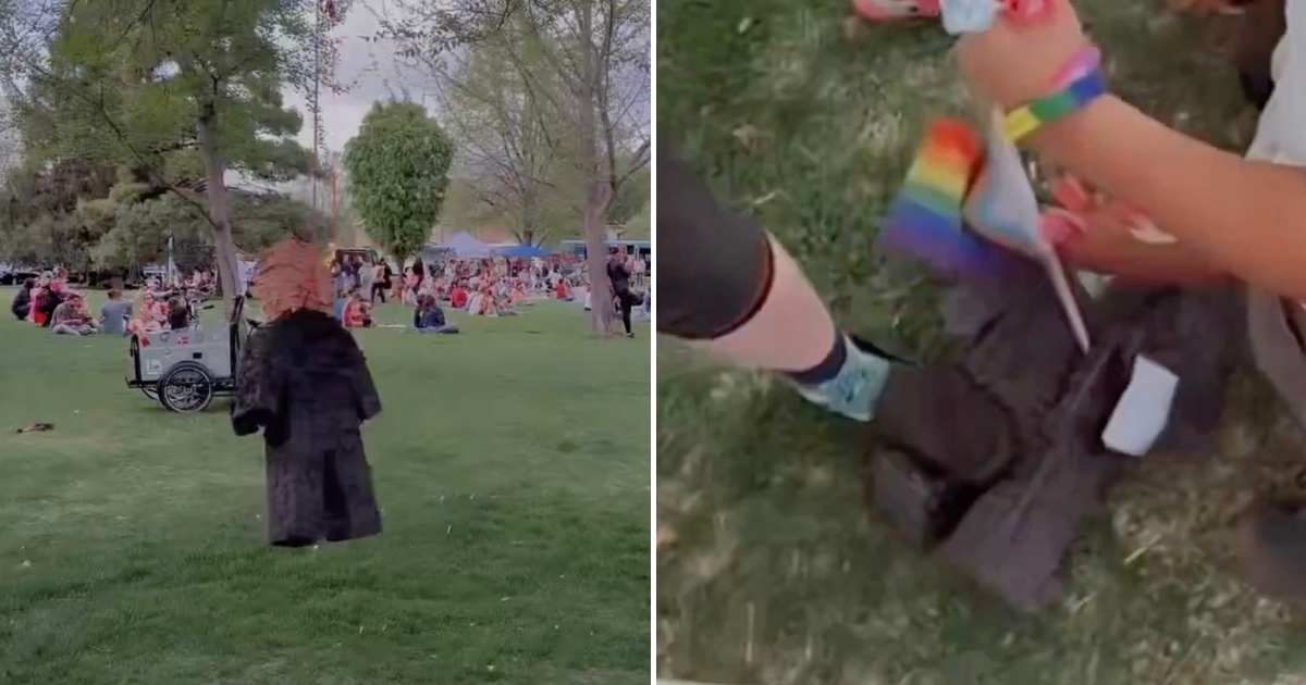 The painting of Trump’s head and a pinata of Mike Lee were displayed at the April 11 'Pride in Progress' event at Provo Memorial Park, organized by the Cougar Pride Center (@OwenGregorian/X)