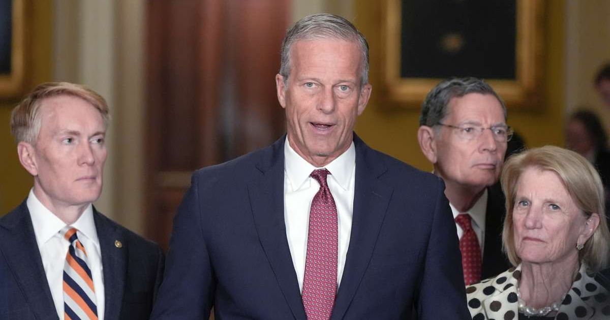 Senate Majority Leader John Thune, R-SD, speaks at a news conference as Sens James Lankford, John Barrasso and Shelley Moore Capito listen on April 14, 2026, in Washington (AP Photo)