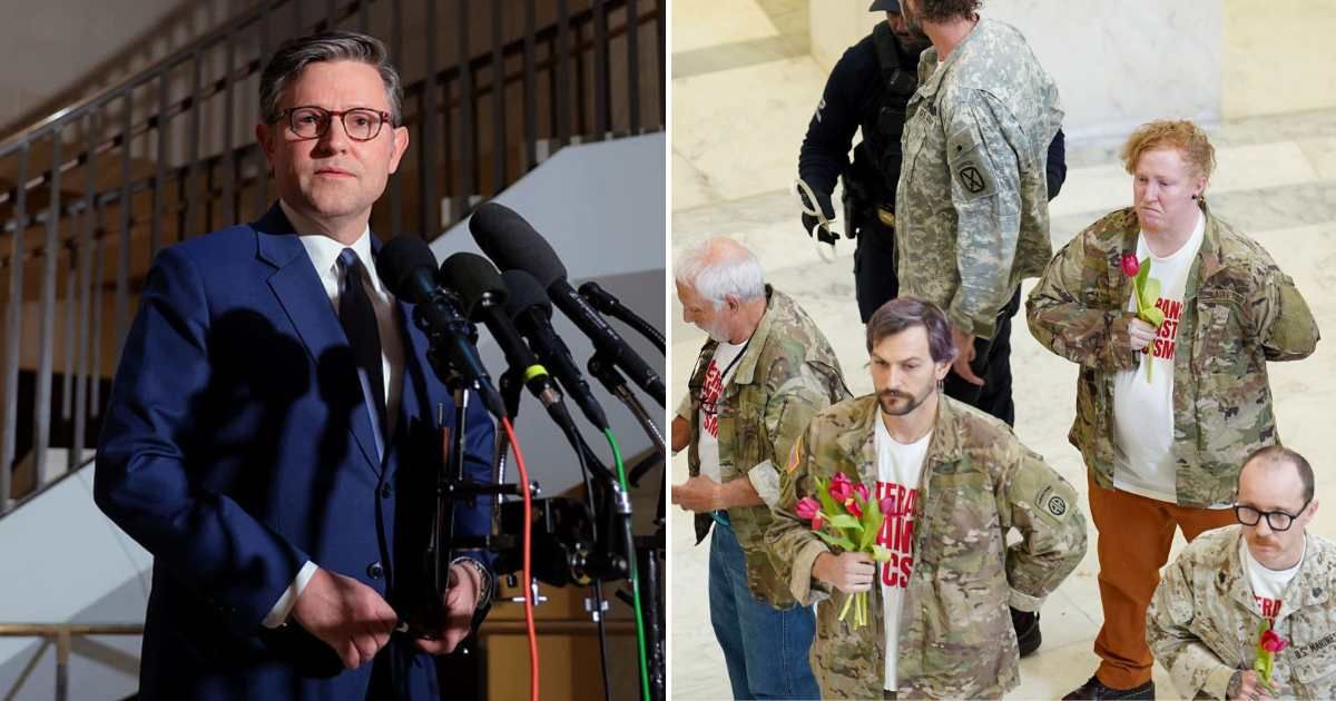 A viral claim alleged that House Speaker Mike Johnson refused to meet more than 60 military veterans protesting against the US war on Iran, and that Capitol Police subsequently arrested them on April 20, 2026 (Getty Images)