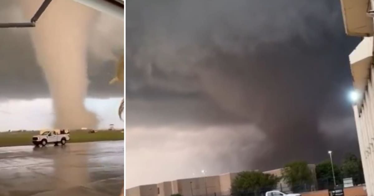 Screenshots showing tornado hitting Enid, Oklahoma, and Vance Air Force Base (X/ @tcblume and @rawsalerts)