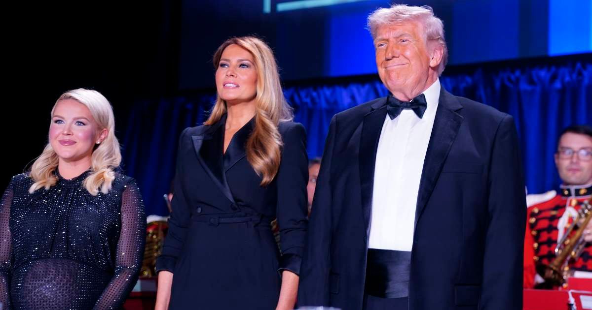 White House Press Secretary Karoline Leavitt, First Lady Melania Trump and US President Donald Trump attend of the annual White House Correspondents Association Dinner April 25, 2026 in Washington, DC (Getty Images)
