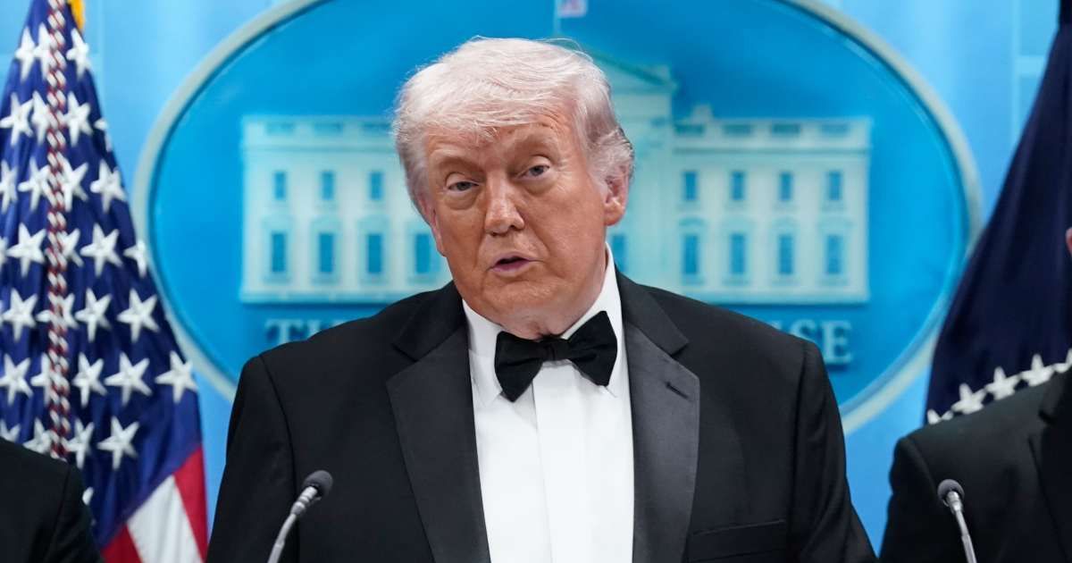 President Donald Trump speaks in the James Brady Press Briefing Room at the White House after an unspecified threat at the annual White House Correspondents' Association Dinner in Washington, Saturday, April 25, 2026 (AP Photo/Jose Luis Magana)